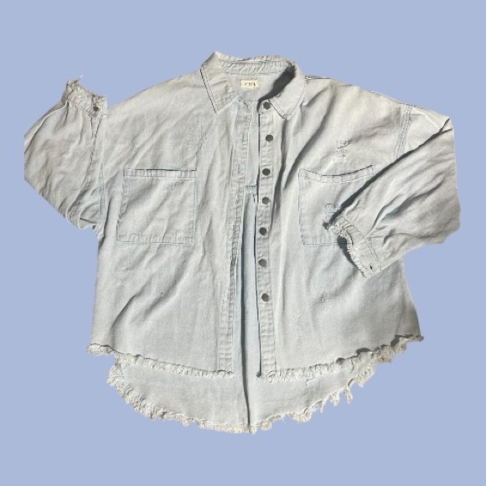 POL Distressed Denim Button Down Shirt Raw Hem Oversized Boho Shacket